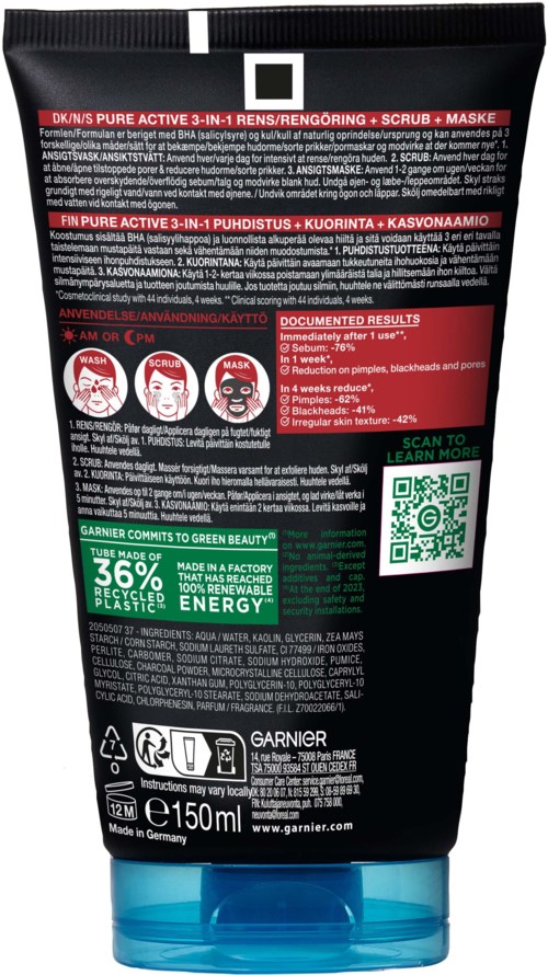 Een huidverzorgingsproduct tube met rode, zwarte en groene labels, met tekst en QR-code.