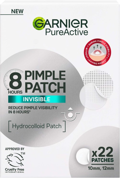 Huidverzorgingsverpakking voor puistpleisters, toont 22 hydrocolloidpleisters en belooft puistjes te verminderen in 8 uur.