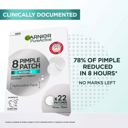 Garnier Pure Active Puistpatches verminderen snel acne, 22 hydrocolloid-pleisters, geen resten.