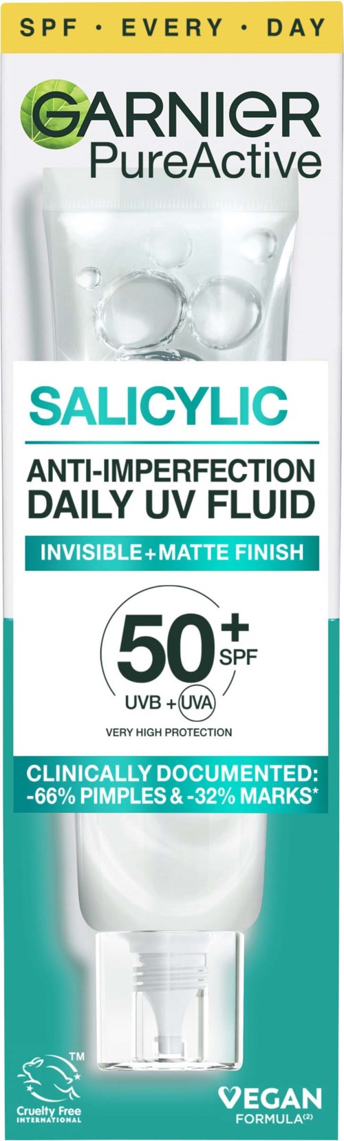 Garnier PureActive salicylsyre ansiktsfluid med SPF 50+ for daglig bruk, bekjemper kviser, merker og beskytter huden.