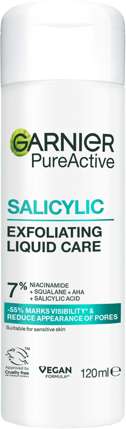 Garnier PureActive salicylische exfoliërende vloeibare verzorging in een witte fles met groene en zwarte tekst. Verbeterde huidhelderheid en minder poriën.