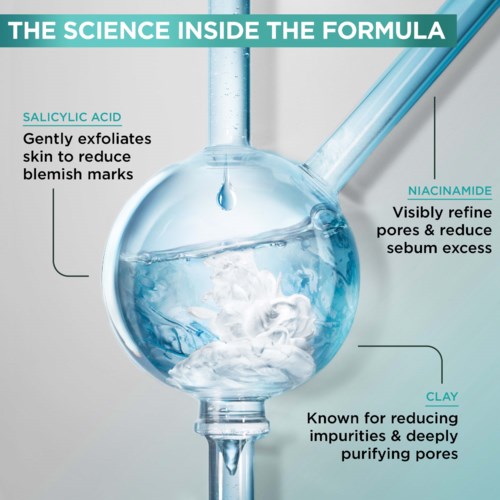 An illustration of a science formula with a glass flask, showing ingredients like salicylic acid, niacinamide, and clay.