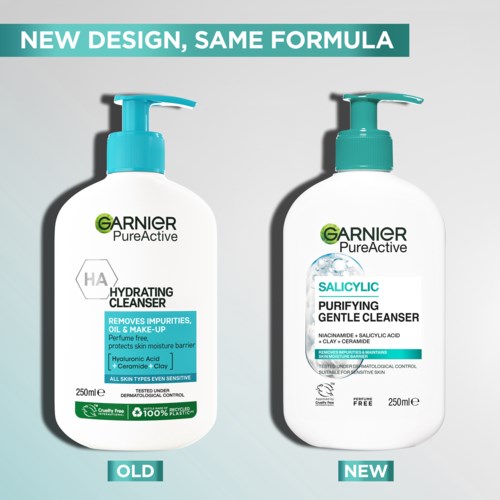 Twee Garnier-reinigingsproducten, oud en nieuw, tonen verschillende labels en ontwerpstijlen voor huidverzorging.