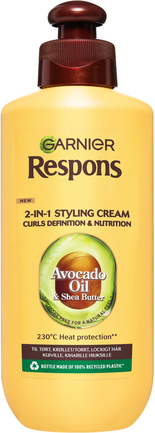 Yellow bottle of Garnier Respons styling cream with avocado oil and shea butter, heat protection up to 230°C.