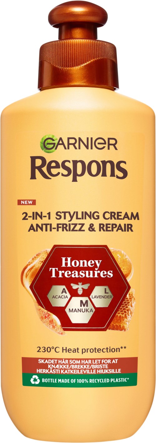 Een gele fles Garnier Respond 2-in-1 stylingcrème met een bruine dop, honing schat label en hittebescherming.