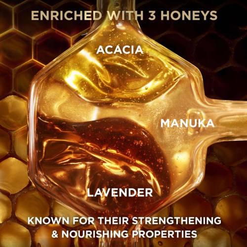 A honey jar with three types of honey: acacia, manuka, and lavender, described with their benefits and enriched content.