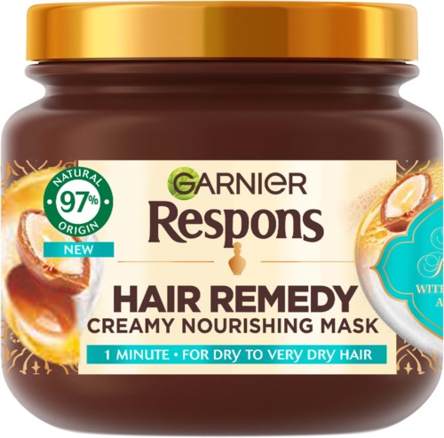 A jar of Garnier Respons Hair Remedy cream for very dry hair, with coconut and shea butter, rich and nourishing.