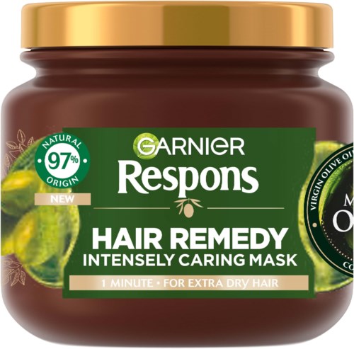 Een pot Garnier Respons Hair Remedy Intensieve Verzachtende Haarmasker met citroen en olijfolie, voor extra droog haar, 97% natuurlijk herkomst.