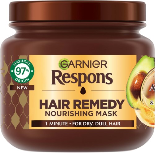 A brown jar of Garnier Respons Hair Remedy Nourishing Mask with avocado image. It says 97% natural origin and is for dry, dull hair.