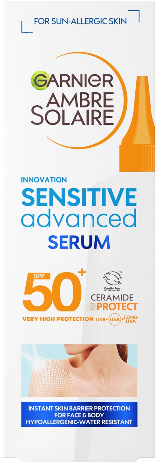 Eine Sonnenschutz-Serumflasche für empfindliche, sonnenallergische Haut, mit SPF 50+, innovativ und wasserfest.