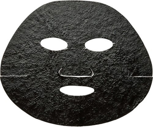 Een zwart gezichtsmasker met gaten voor de ogen, neus en mond. Het heeft een ruwe textuur.