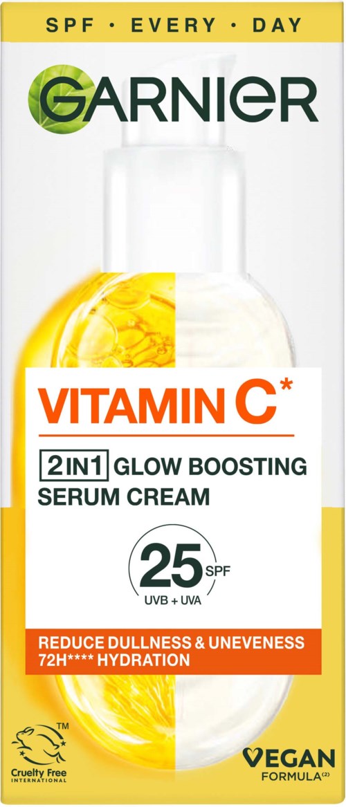 Garnier SkinActive Vitamin C-verhelderende serumcrème voor doffe, oneffen huid met SPF 25, moisturizer en cruelty-free label.