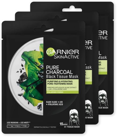 Garnier SkinActive kullmask i svart og grønn emballasje med ansiktsmaskeillustrasjon.