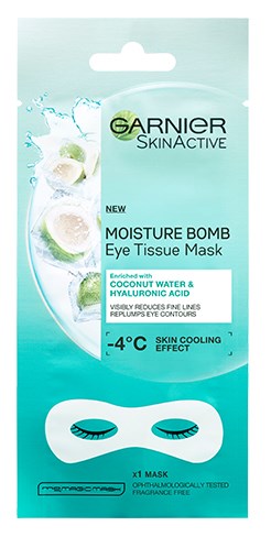 Garnier SkinActive moisture bomb ögonområde mask med kokosvatten och hyaluronsyra, kylande effekt, minskar svullnad runt ögonen.
