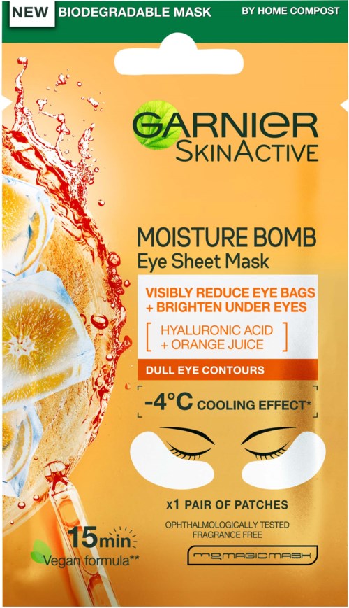 Orange und gelbe Verpackung mit Abbildungen von Orangenscheiben und Augenmasken. Bewirbt eine biologisch abbaubare, kühlende Augenmaske mit Aufhellungseffekt.