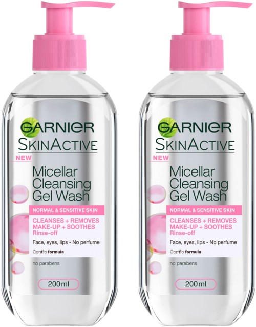 To flasker Garnier SkinActive Micellar Cleansing Gel Wash for normal og sensitiv hud. Rosa pumpen upper. Rengjør, fjerner sminke, beroliger.