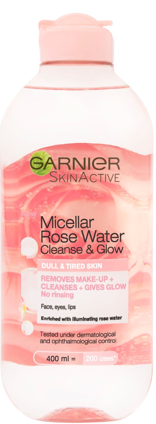 Een roze en witte fles Garnier SkinActive Micellar Rose Water voor gezicht reiniging en stralende huid.