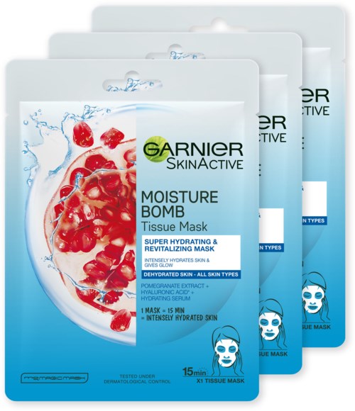 Illustrasjon av Garnier Moisture Bomb-emballasje med granateple og vannsprut.