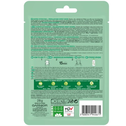 Een groene gezichtsmasker met instructies en symbolen, gericht op hydratatie en huidverzorging.