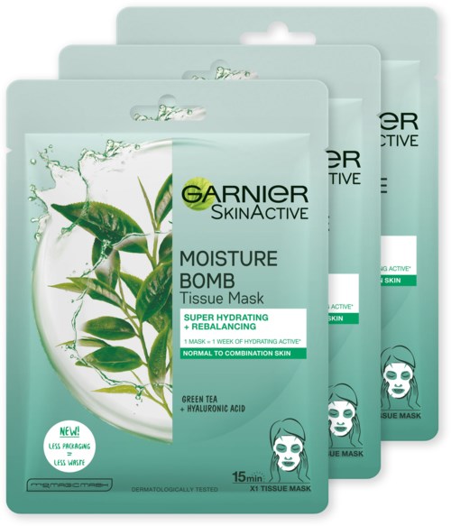 Tre Garnier ansiktsmasker i ljusgrön förpackning med lövmotiv, märkta som återfuktande och balanserande.