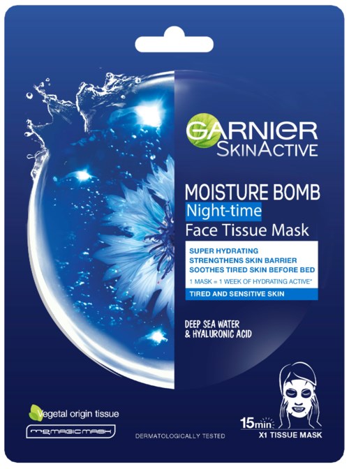 Garnier SkinActive gezichtsmasker, nacht, diep zeewater, hyaluronzuur, kalmeert vermoeide huid, 15-minuten masker.