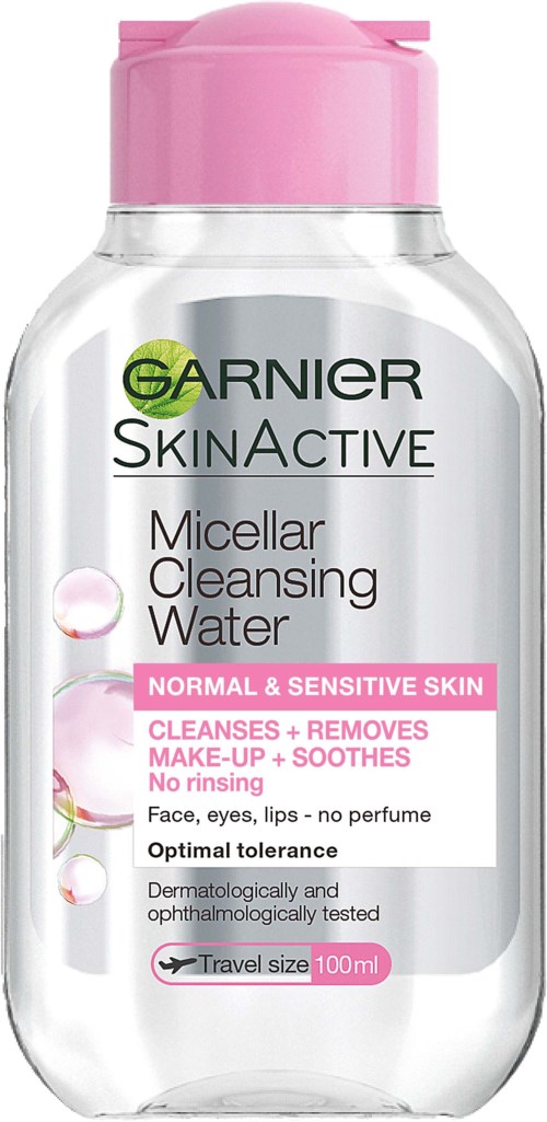 A bottle of Garnier Skin Active Micellar Cleansing Water for normal and sensitive skin, 100ml, pink cap.