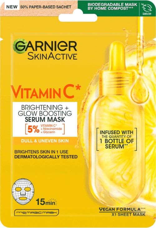 Een felgele verpakking voor een gezichtsmasker met een flesafbeelding, toont vitamine C en kalmerende gele tinten.