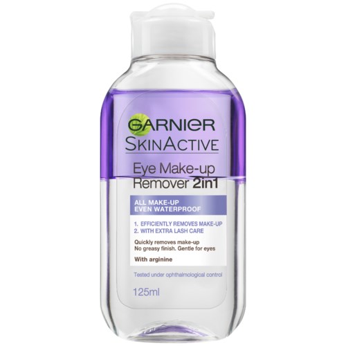 A 125ml Garnier SkinActive eye makeup remover bottle with purple and white labels.