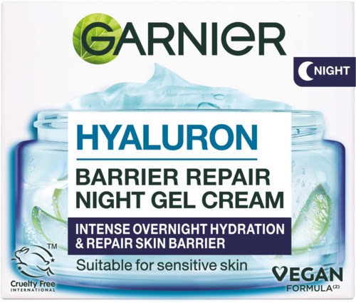 Garnier Hyaluron barriärreparationsnattgelkräm för känslig hud, med gurka, för nattlig återfuktning och hudreparation.