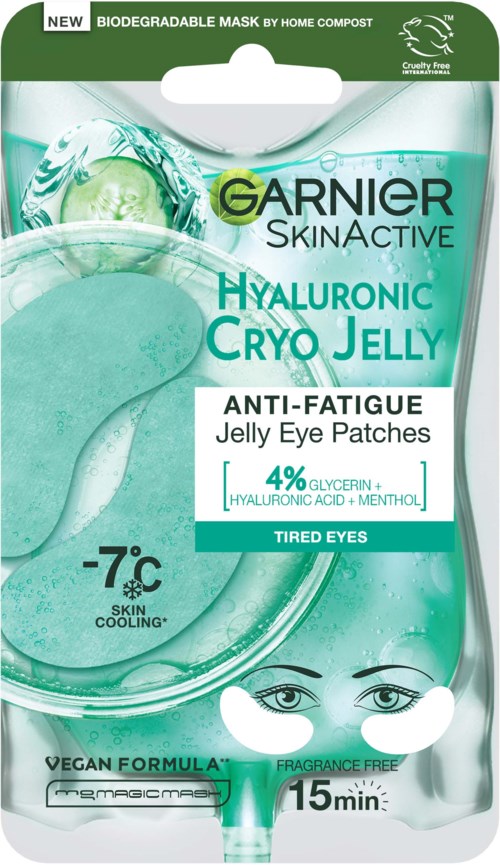 Dies ist eine Packung Garnier SkinActive Hyaluronic Cryo Jelly Augenpads für müde Augen, kühlend bei -7°C, schnelle Anwendung in 15 Minuten.