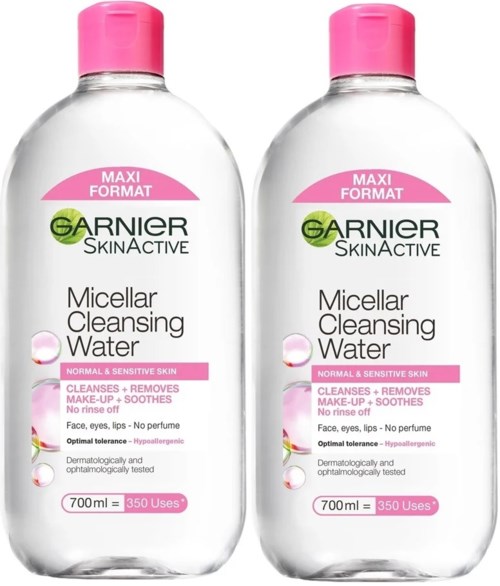 Two bottles of Garnier Micellar Cleansing Water for sensitive skin, each 700ml, pink caps, words in pink and black.