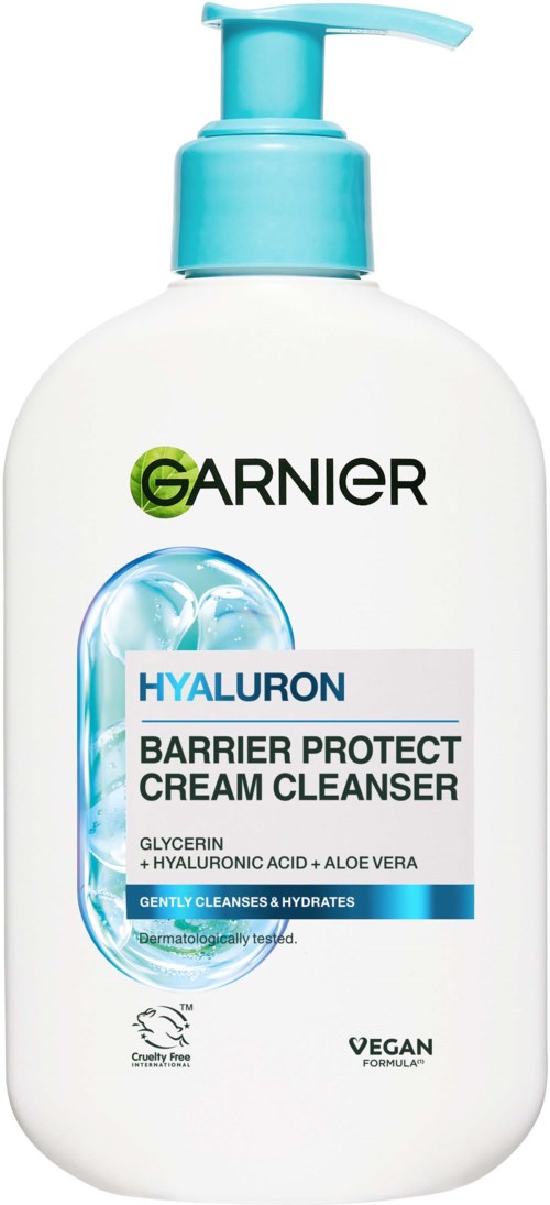 Garnier Hyaluron Barrier Protect Cream Cleanser fles met pomp, gelabeld voor zachte reiniging en hydratatie.