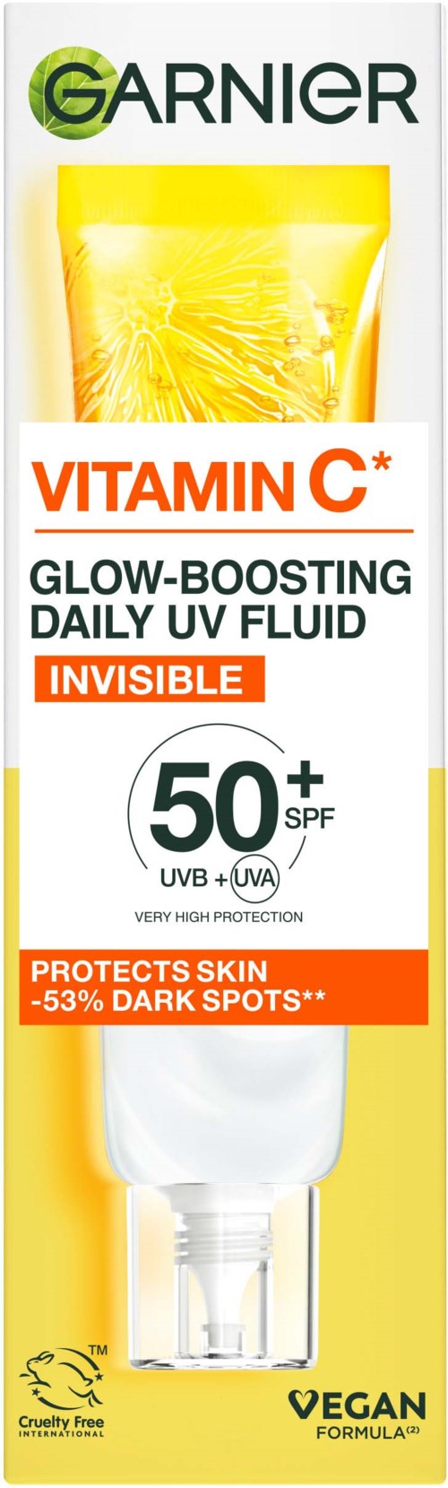 Garnier Vitamin C gezicht product met SPF 50, beschermt de huid, vervaagt donkere vlekken, vegan en onzichtbaar.