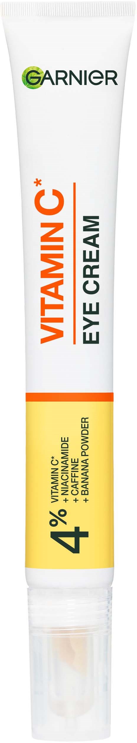 Witte tube Garnier Vitamin C oogcrème met oranje en gele label en doorzichtige dop.