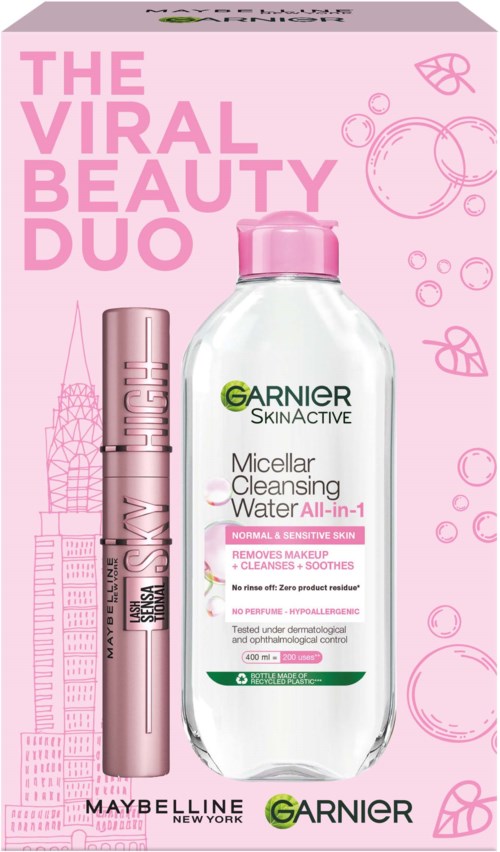 Een roze doos met Garnier huidverzorgingsproducten, een micellair waterfles en een mascara, promoten een schoonheidsduo.