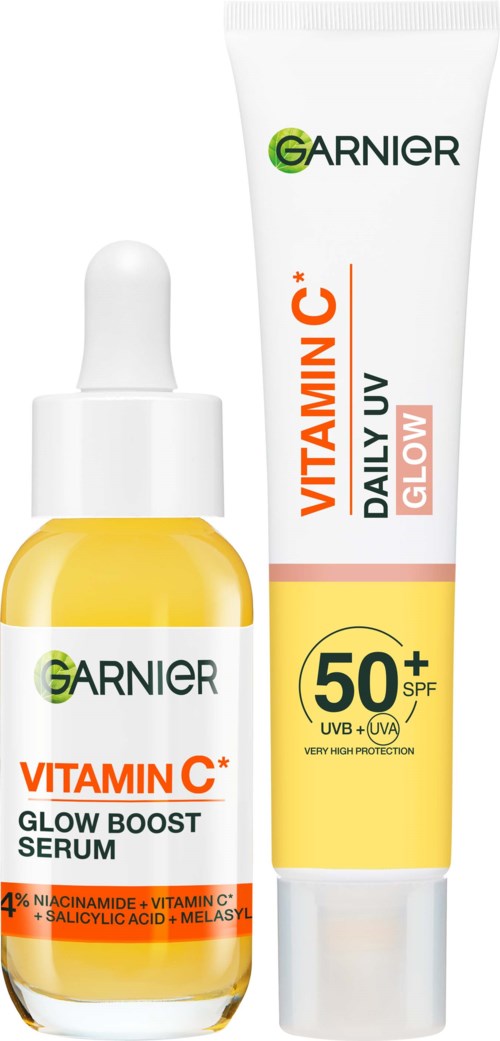 Garnier Vitamin C producten: een kleine fles serum en een tube met SPF 50+ voor huidbescherming.
