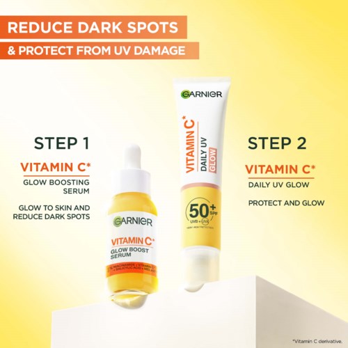 Twee huidverzorgingsproducten staan: een serum en een UV-beschermstick, beiden met vitamine C om donkere vlekken te bestrijden.