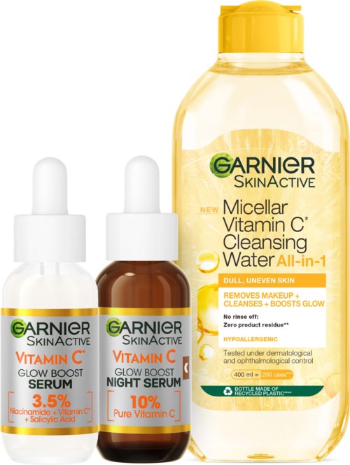 Garnier skincare products include Vitamin C serums and a micellar water bottle for cleansing and glowing skin.