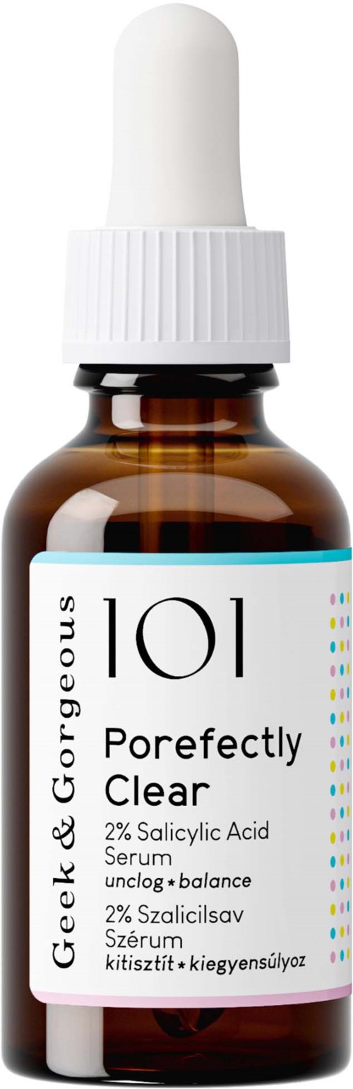Een kleine bruine glazen fles met een witte druppelkap, gelabeld "101 Gorgeous Porefectly Clear" serum voor de huid.
