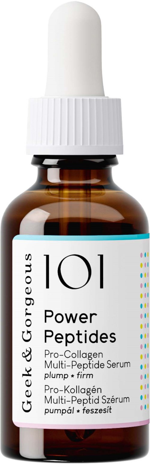 Een bruin glazen flesje met een witte pipetdop en een label met "101" en ingrediënten voor huidserum.
