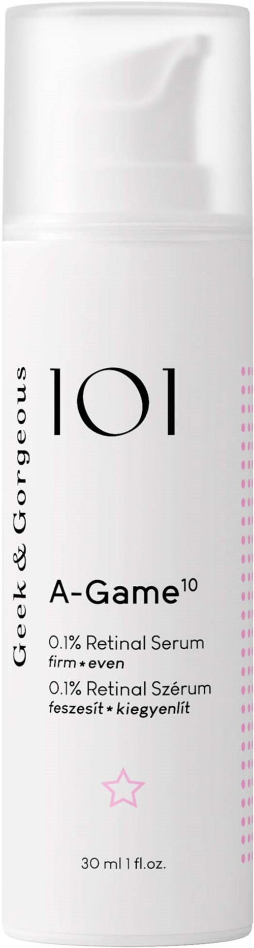 Een witte fles met zwarte tekst, aangeeft huidverzorgingsproduct genaamd A-Game 10, bevat 30 ml serum.