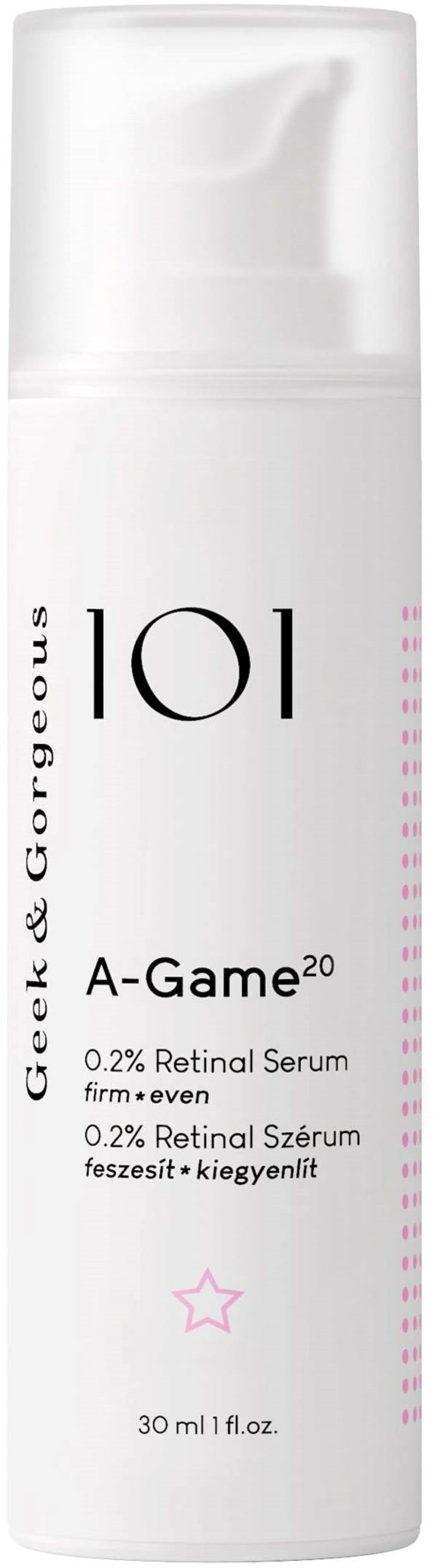 Een witte fles met zwarte tekst, labeled A-Game 2.0 Retinal Serum, en een roze ster, bevat 30 ml.