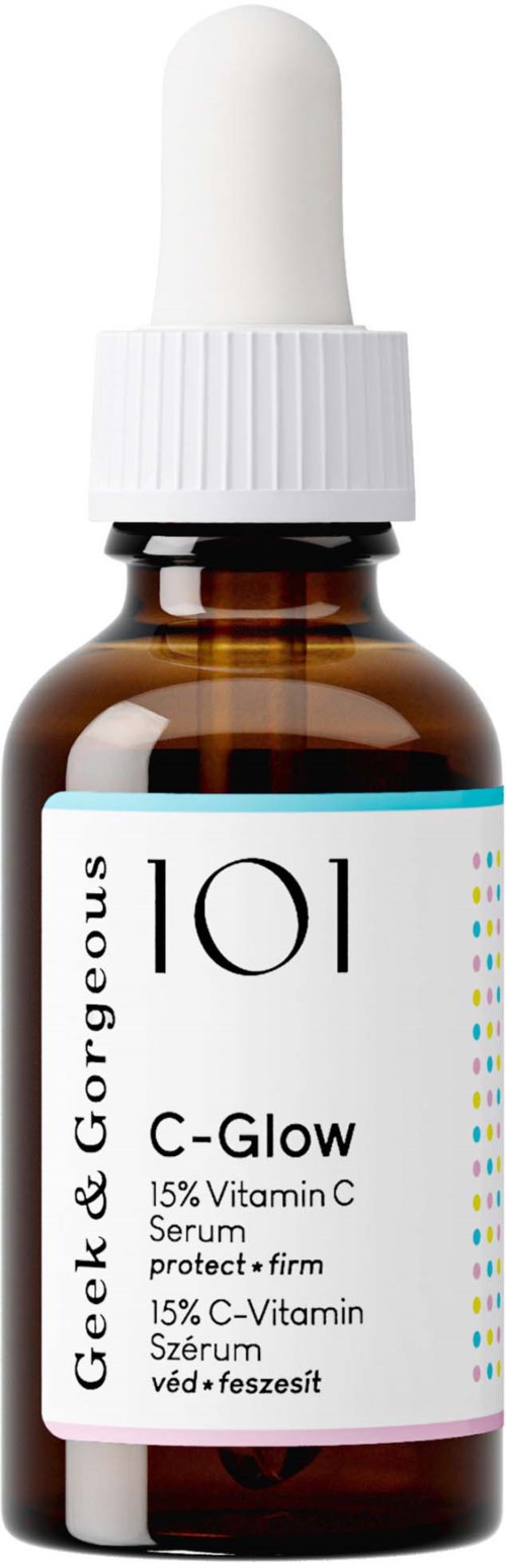 Kleine bruine fles met witte druppeldop, label 'C-Glow Serum' met vitamine C voor huidverzorging.