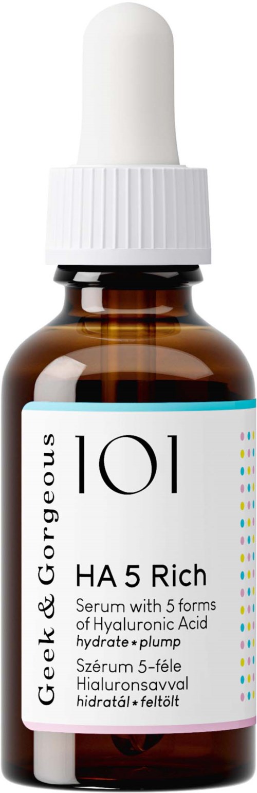 Kleine bruine fles met witte druppelkop, gelabeld "HA 5 Rich" serum met hyaluronzuur.