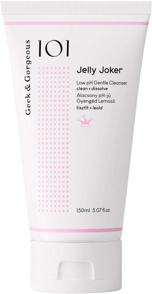 Een witte tube van Jelly Joker zachte reiniger met roze en zwarte tekst, merknaam 101, en een klein kroon-icoon.