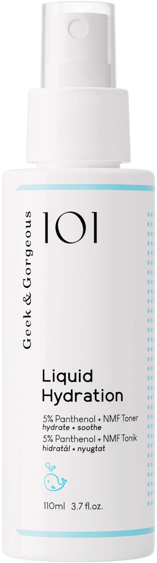 Een witte fles met pomp met label 'Geek & Gorgeous Liquide Hydration' voor huidhydratatie, 110 ml.