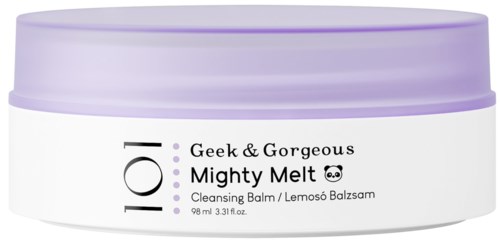 Een witte pot met paarse deksel toont een huidverzorgingsproduct genaamd Mighty Melt, een reinigingsbalsem voor het gezicht.