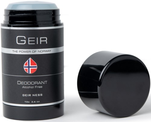 Een zwarte deodorantfles met een afneembare dop, gemarkeerd met een Noorse vlag en de woorden "Alkoholvrij".