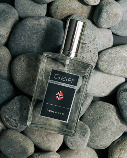 Een heldere parfumfles met een zilveren dop ligt tussen grijze stenen. Het label zegt 'GEIR' en 'GEIR NESS.'