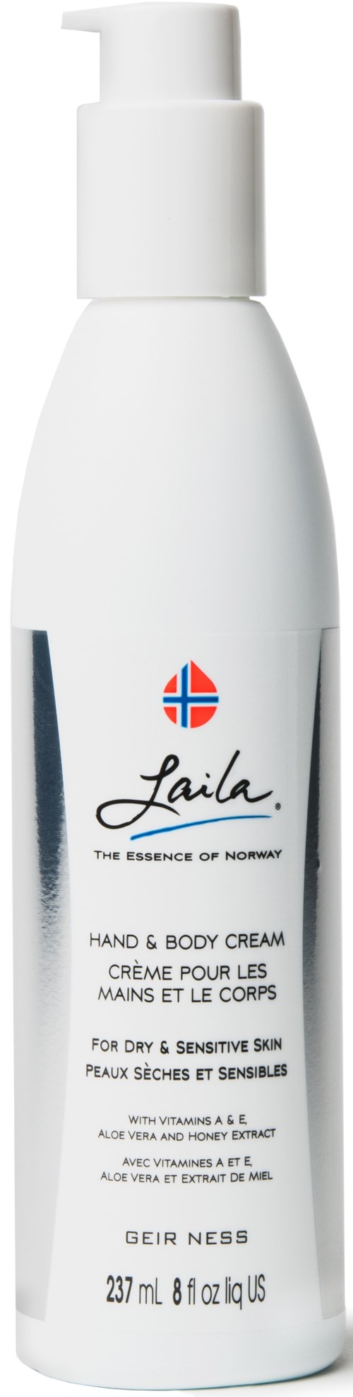 Witte fles met pomp, label 'Laika' hand- en bodycrème, voor een gevoelige huid, met vitamine A en E.